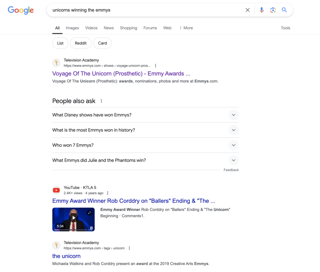 Screenshot of Google search for unicorns winning Emmys